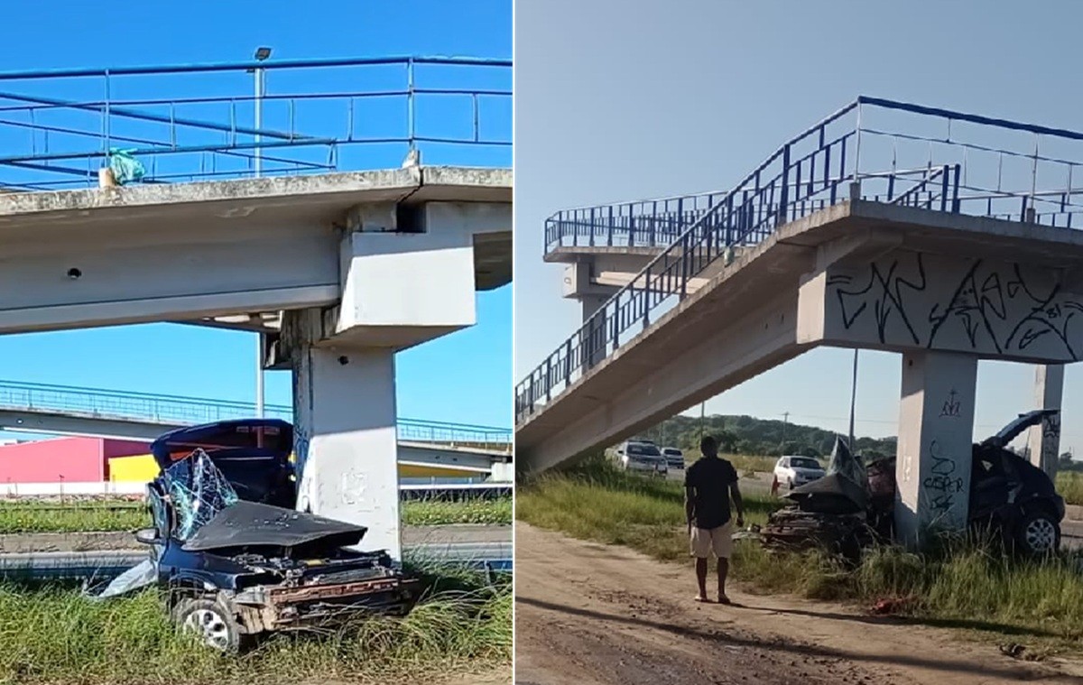 Motorista morre após carro dobrar ao meio em batida contra passarela na RJ-140, em São Pedro da Aldeia