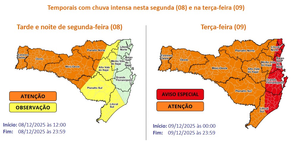 Ciclone traz temporais, ventos de até 90 km/h e risco de alagamentos em SC