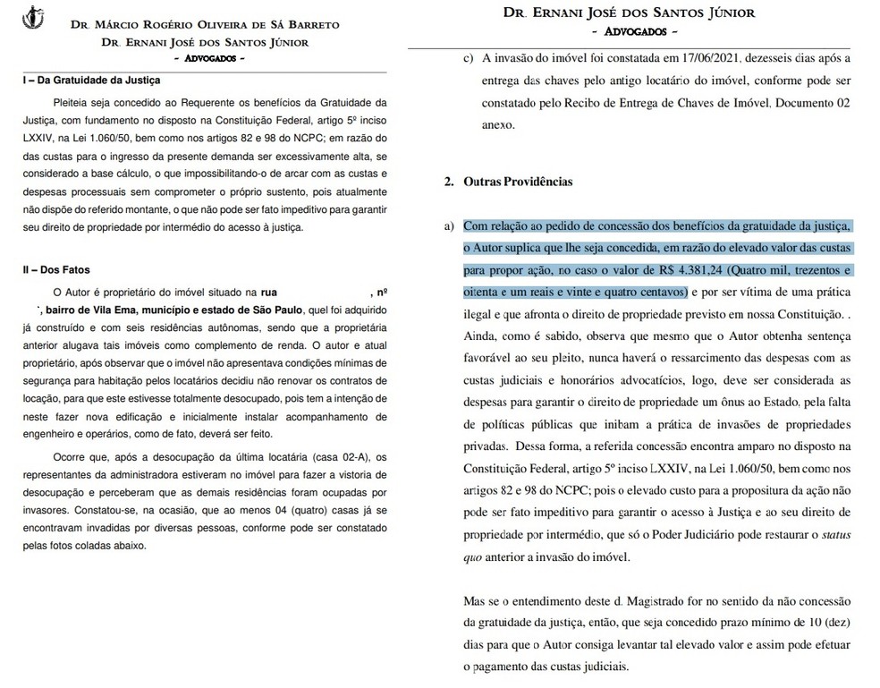 Pedido de gratuidade do vereador Rinaldi Digilio (União Brasil). — Foto: Reprodução/TJ-SP