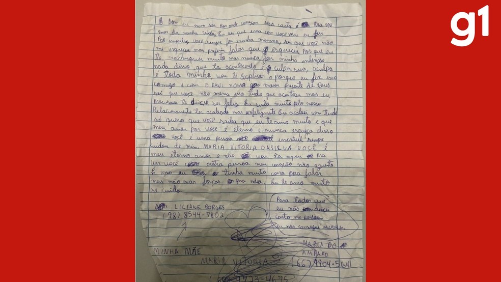 A carta foi encontrada junto com a criança e o pai na residência. — Foto: Reprodução
