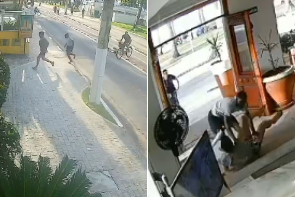 Ladrões tentam roubar correntinha de homem na orla da praia, que foge e é atacado dentro de hotel no litoral de SP; VÍDEO