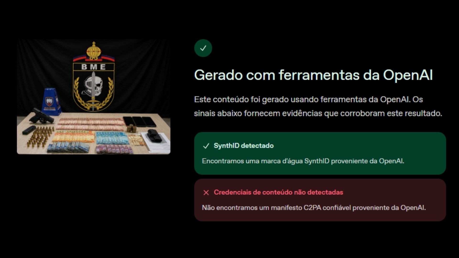 Ferramenta OpenAI Verify, da empresa criadora do ChatGPT, indicou a presença de SynthID em imagens divulgadas pela polícia no Espírito Santo. — Foto: Reprodução/OpenAI Verify