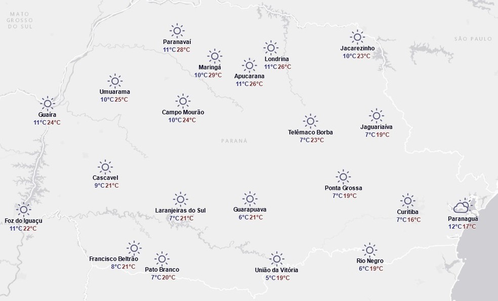 Previsão do tempo do Simepar para quinta-feira, 14 de agosto — Foto: Reprodução/Simepar