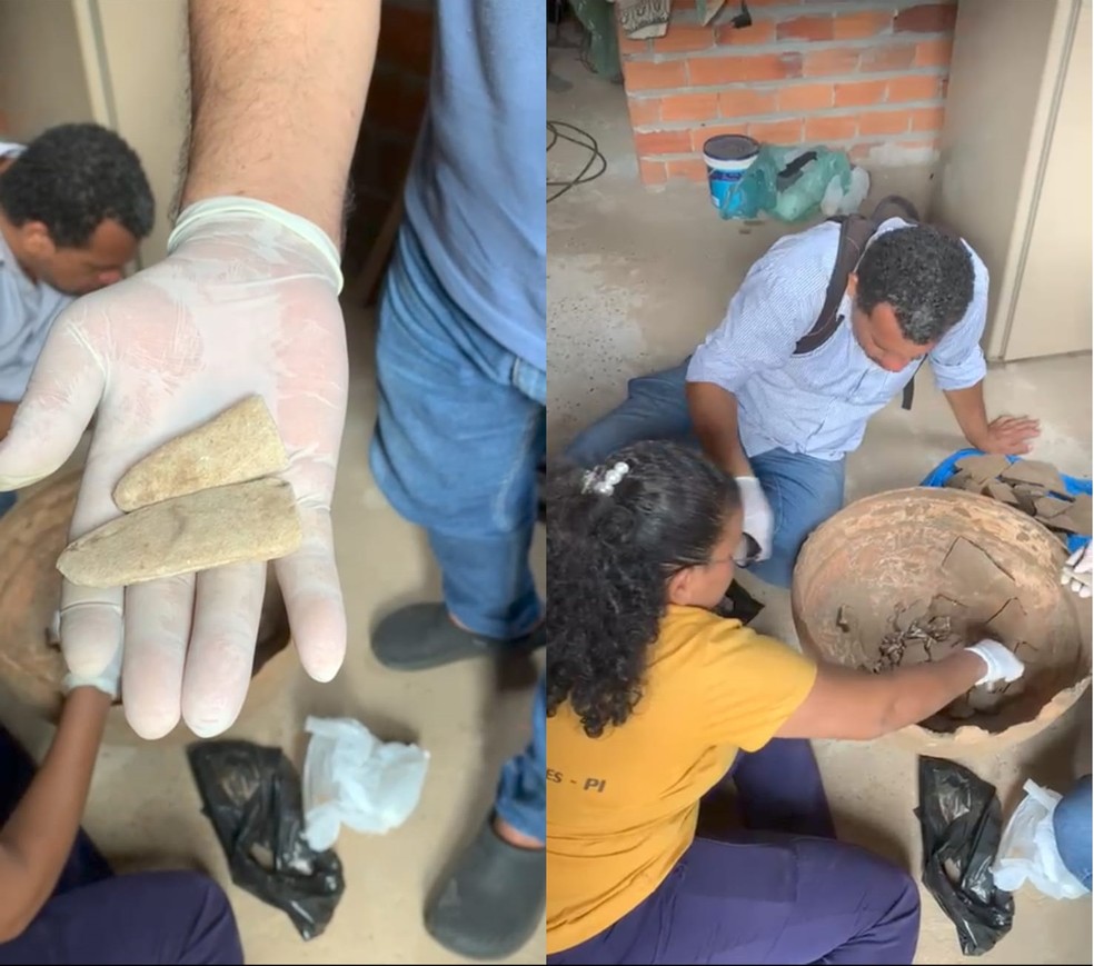 Pedreiros encontram urna funerária indígena durante obra na zona rural de Miguel Alves, no Piauí