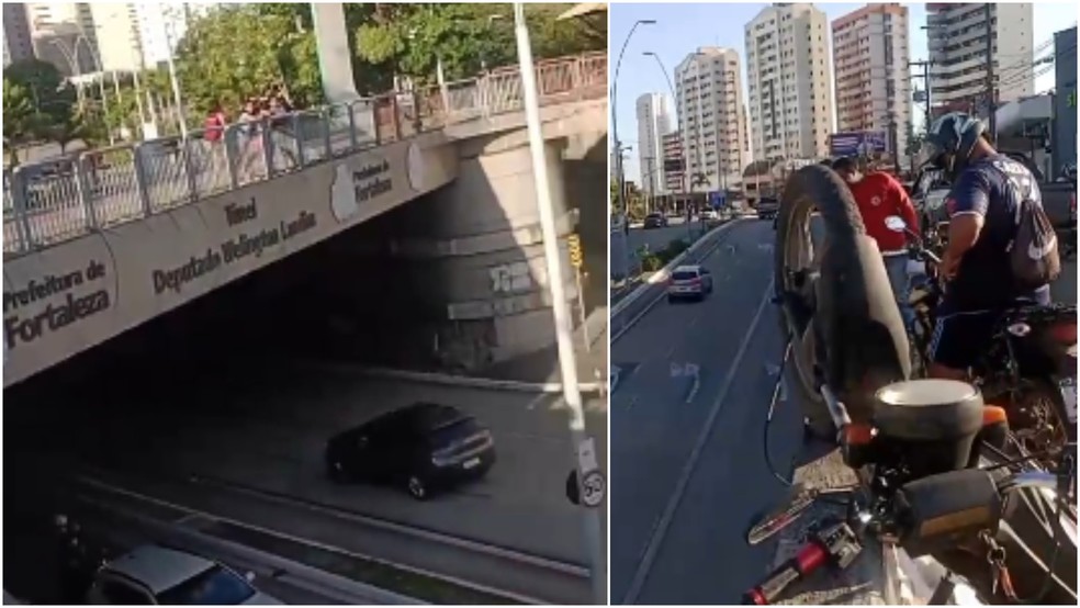 Motociclista foi arremessado de cima de viaduto após a moto bater em mureta de proteção em Fortaleza. — Foto: Reprodução