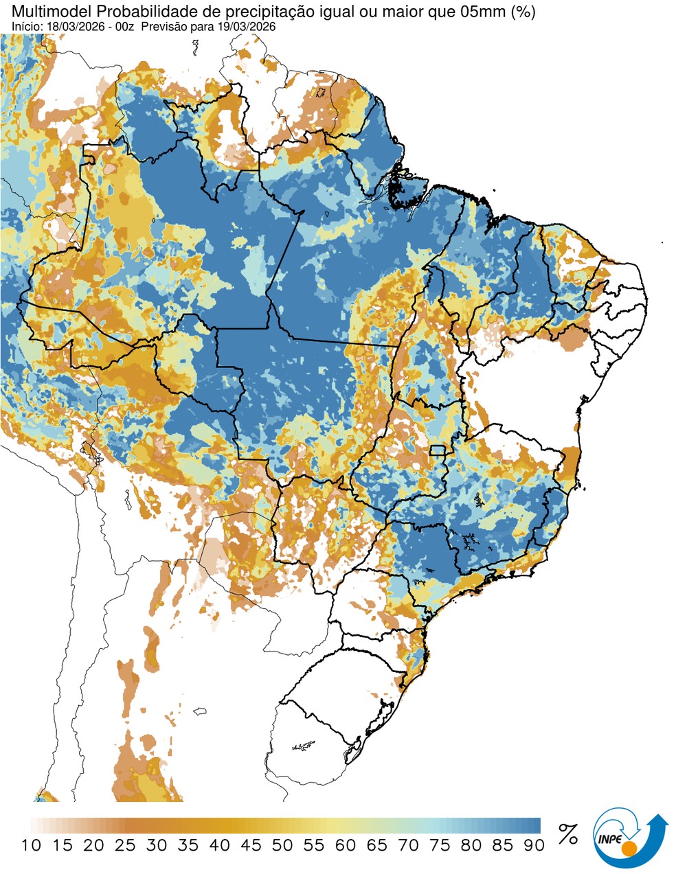 Previsão de chuva nesta quarta em todo o país. — Foto: CPTEC/Inpe