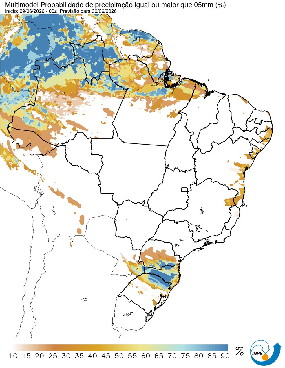 Previsão de chuva nesta terça em todo o país. — Foto: CPTEC/Inpe
