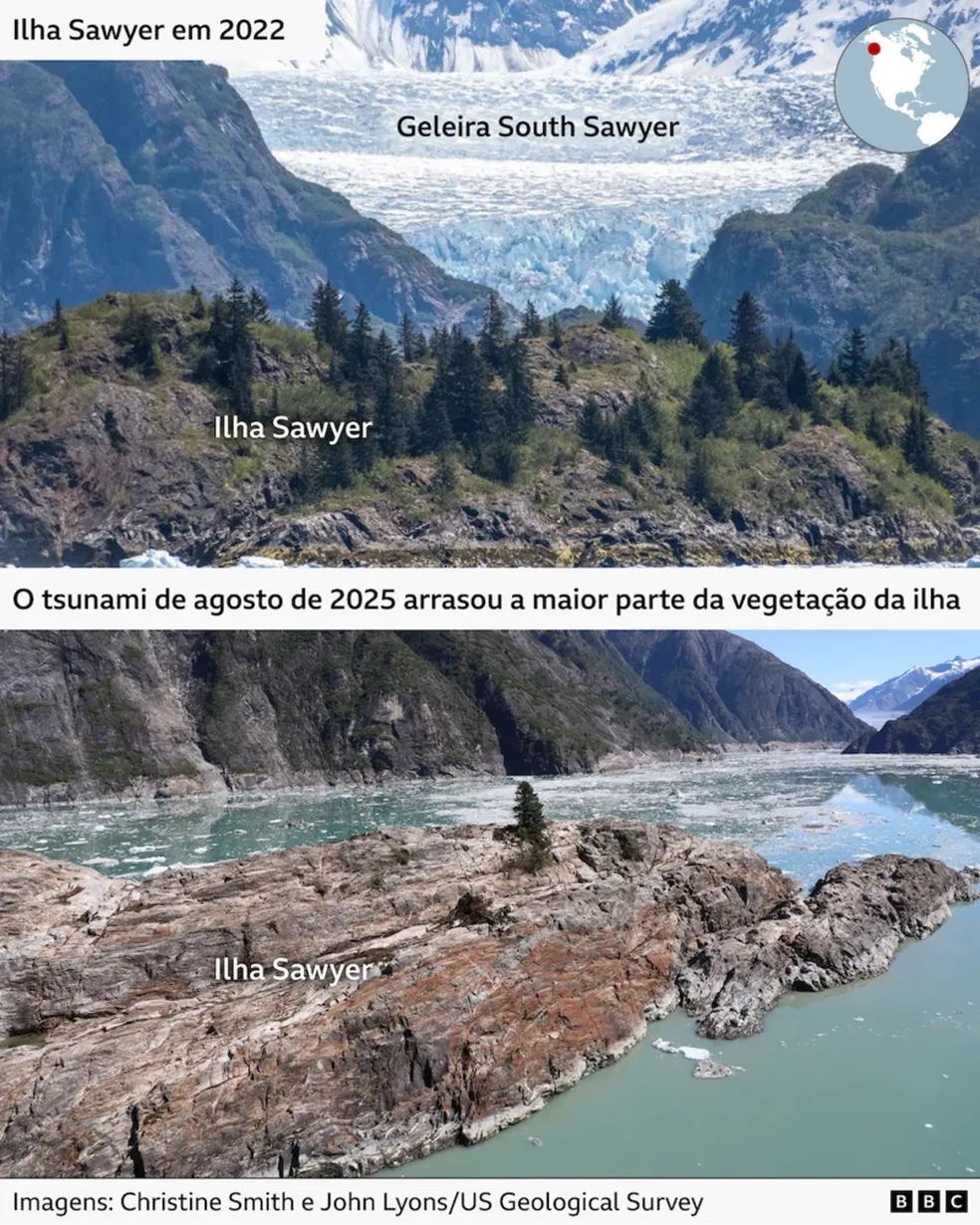 A origem do megatsunami no Alasca que acaba de ser registrado como o 2º maior da história — Foto: BBC
