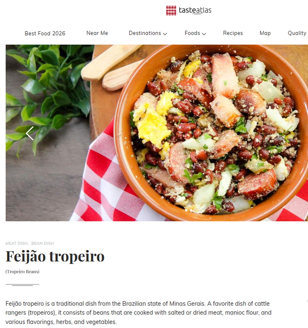 Plataforma TasteAtlas, que incluiu feijão tropeiro de Minas Gerais em ranking internacional de 'pratos vegetais' — Foto: Reprodução