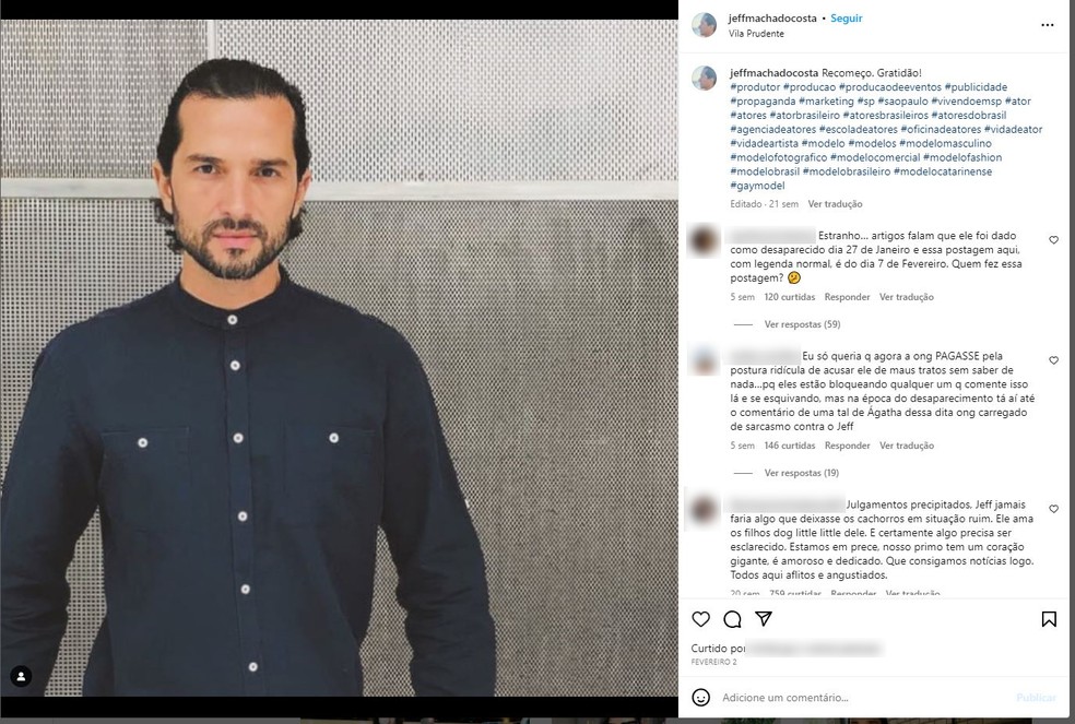 Postagem no Instagram de Jeff Machado no dia 2 de fevereiro, quando o ator já estava morto — Foto: Reprodução