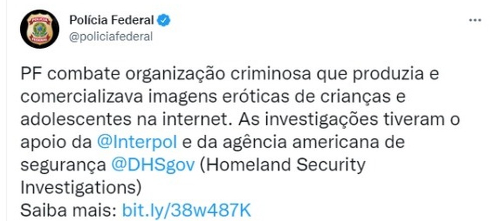 Polícia Federal marca banda Interpol em post agradecendo a organização internacional — Foto: Divulgação