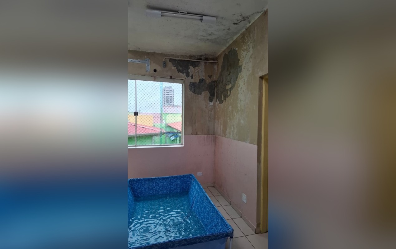 Vídeo mostra uso de piscina de plástico sob pontos de goteira e vazamentos em escola no interior de SP: 'é um descaso enorme', diz mãe