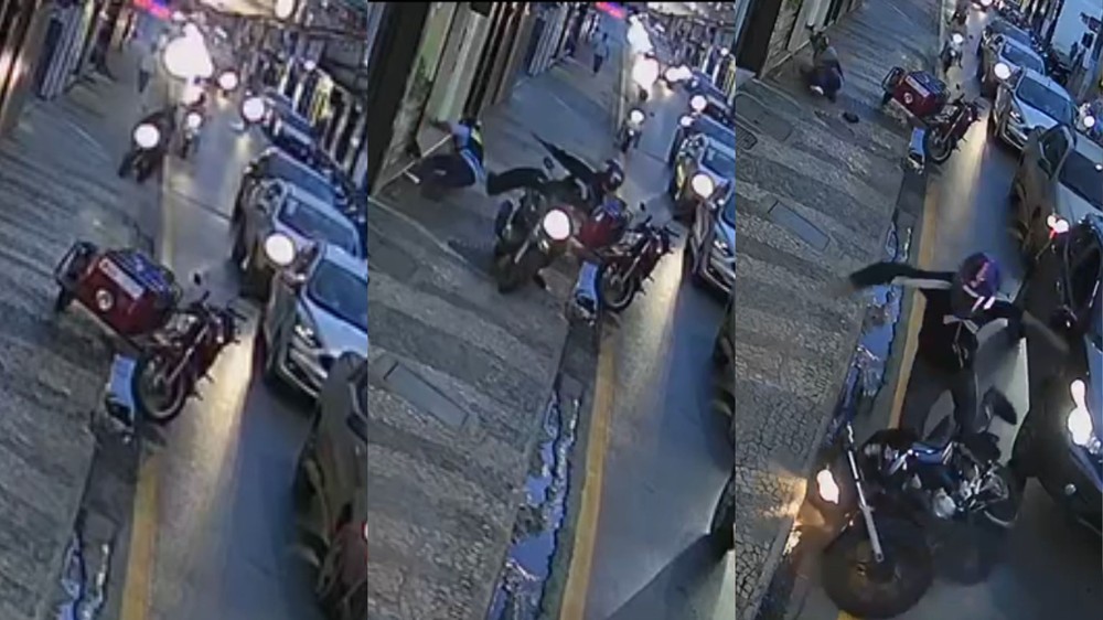 Motociclista invade calçada para fugir do trânsito, atropela entregador de gás e bate em carro em MG