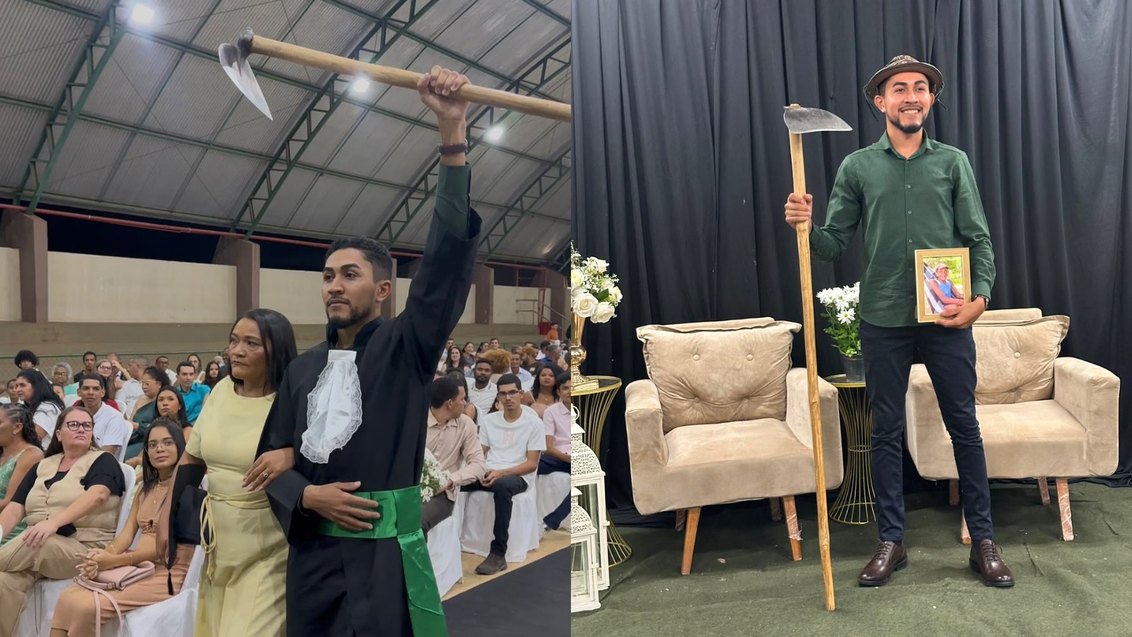 Jovem leva enxada e homenageia avô agricultor em formatura no PI: 'Queria que ele estivesse comigo'; vídeo