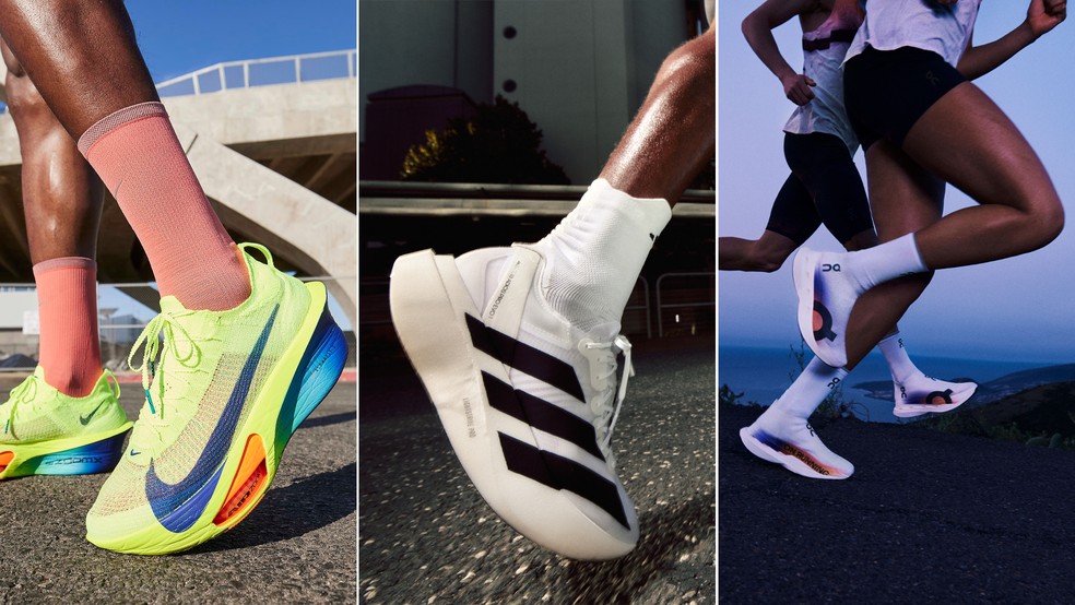 'Supertênis' de corrida usam placas de carbono e espumas mais modernas para dar mais impulsão, estabilidade e conforto para corredores — Foto: Divulgação/Nike/Adidas/On