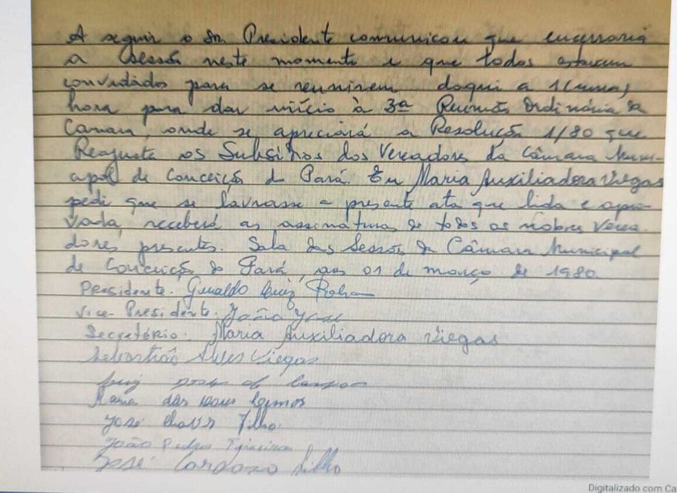 Ata de 1980 da Câmara de Vereadores de Conceição do Pará mostra as assinaturas das duas últimas mulheres que atuaram no legislativo da cidade. — Foto: Reprodução