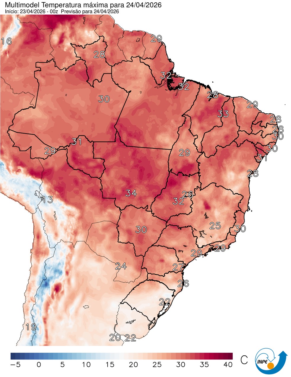 Previsão de temperatura máxima nesta sexta (24) em todo o Brasil. — Foto: CPTEC/Inpe