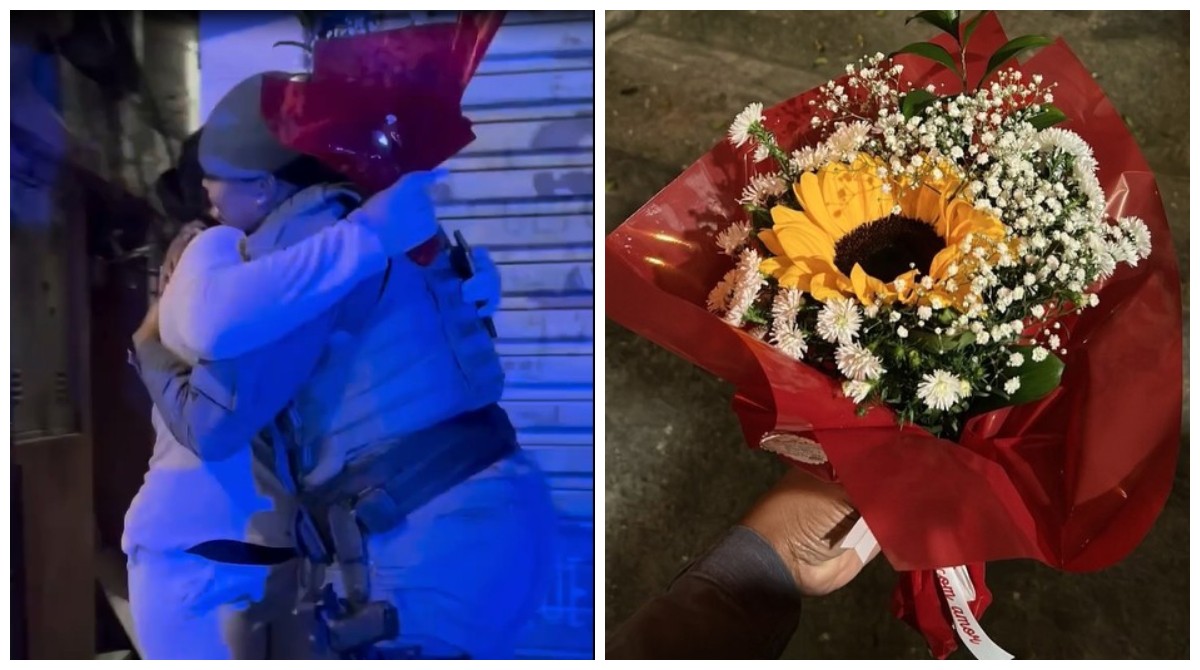 PM que salvou mulher após pedido de pizza ao 190 entrega buquê de flores à vítima; VÍDEO