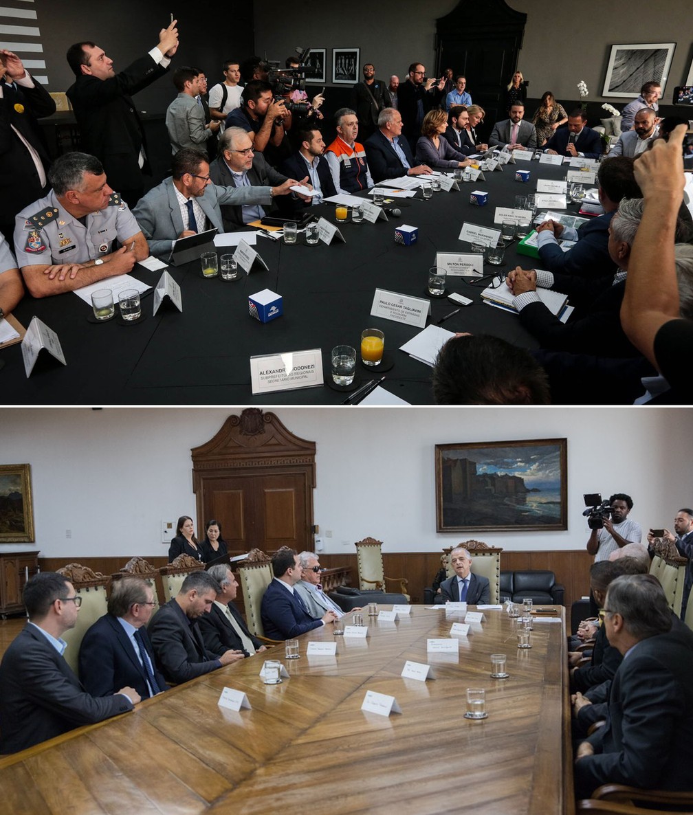 Sala do Palácio dos Bandeirantes depois (acima) e antes da reforma — Foto: Felipe Rau/Estadão Conteúdo e Divulgação/Governo de SP