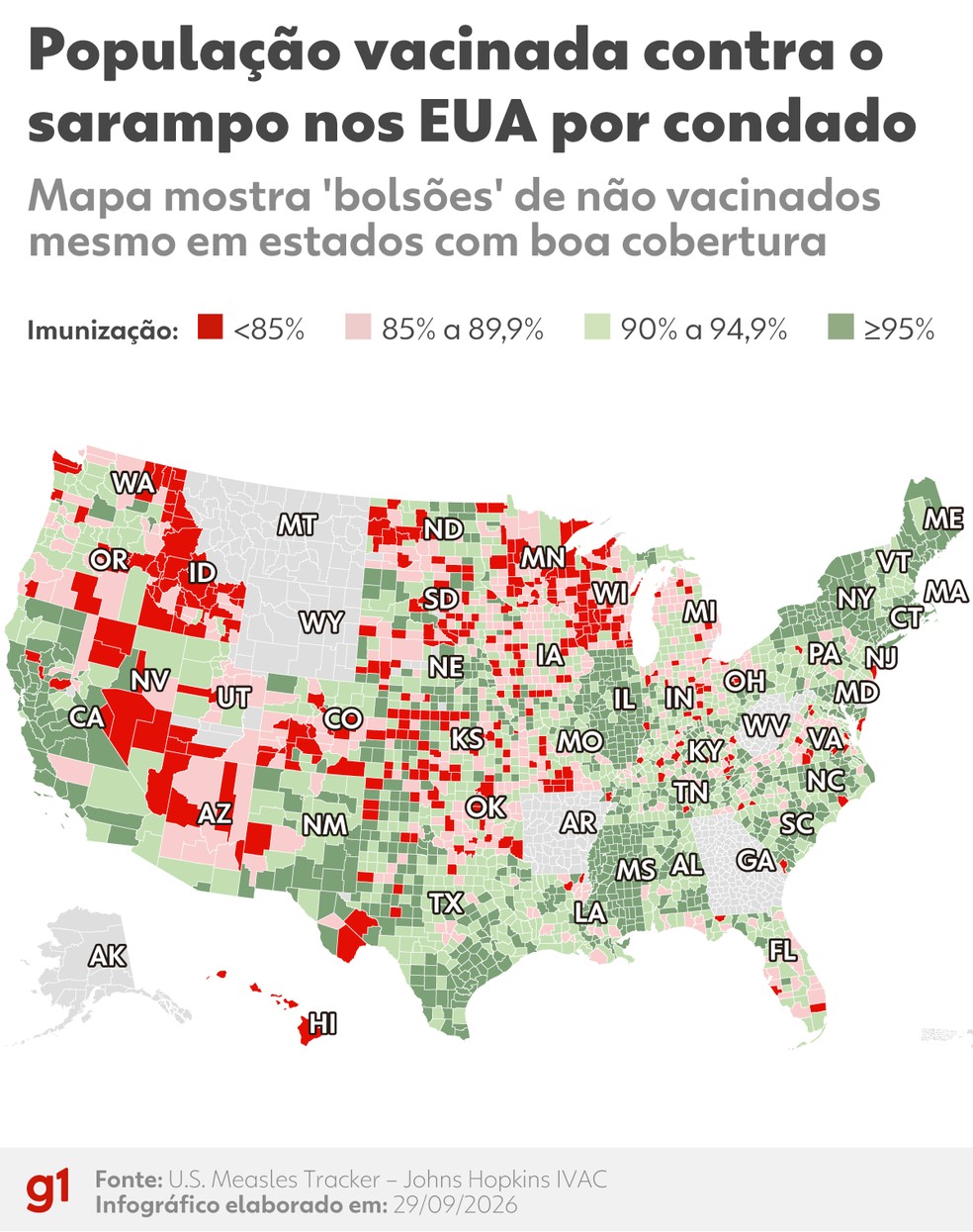 Vacinação por condado mostra bolsões sem imunização mesmo em estados em que a taxa aparece alta no CDC — Foto: Arte/g1