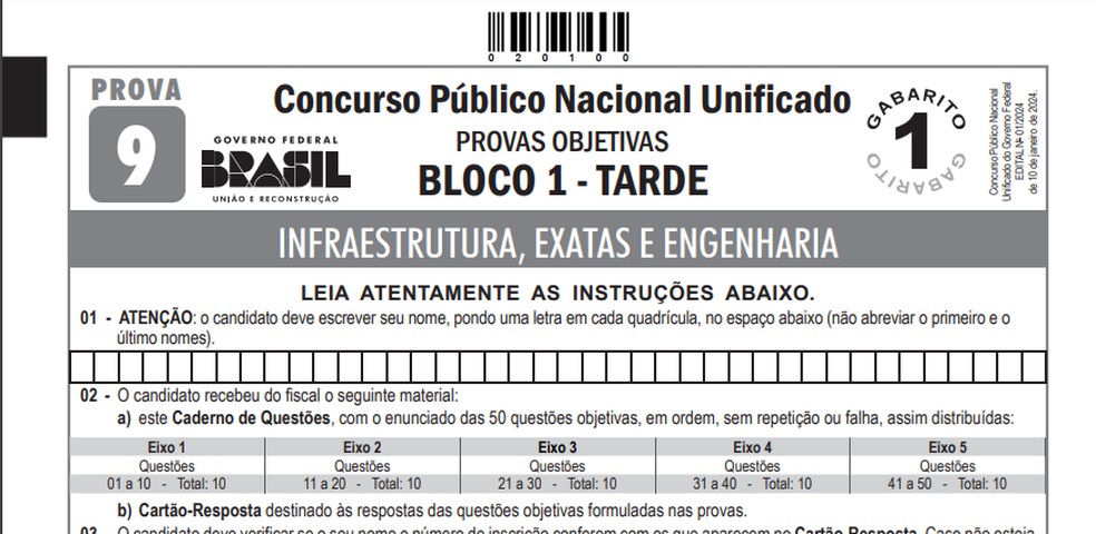 Imagem da primeira página da prova 9 do Concurso Nacional Unificado — Foto: Reprodução