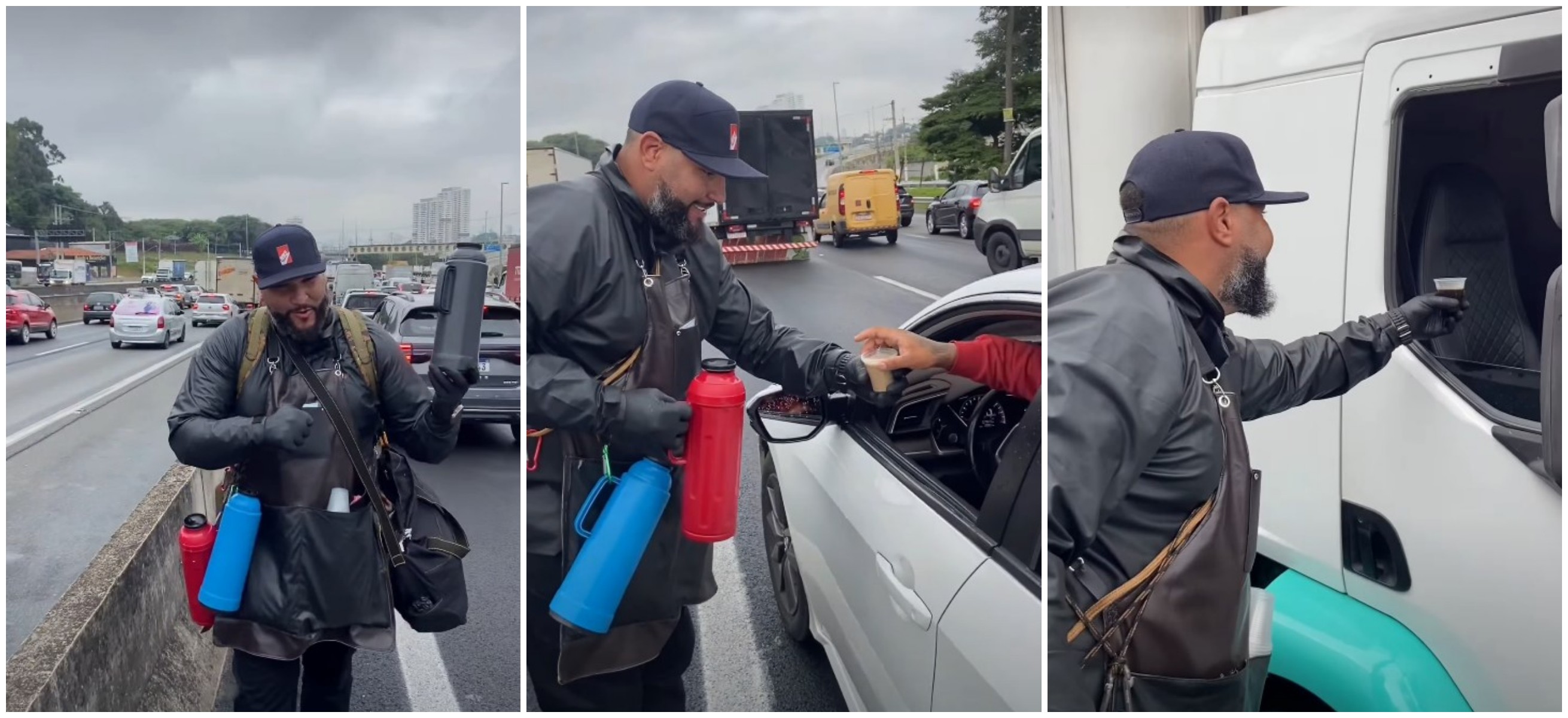 Garrafas térmicas enfileiradas no guard-rail: ambulante que vende café na Anhanguera conquista clientes e viraliza