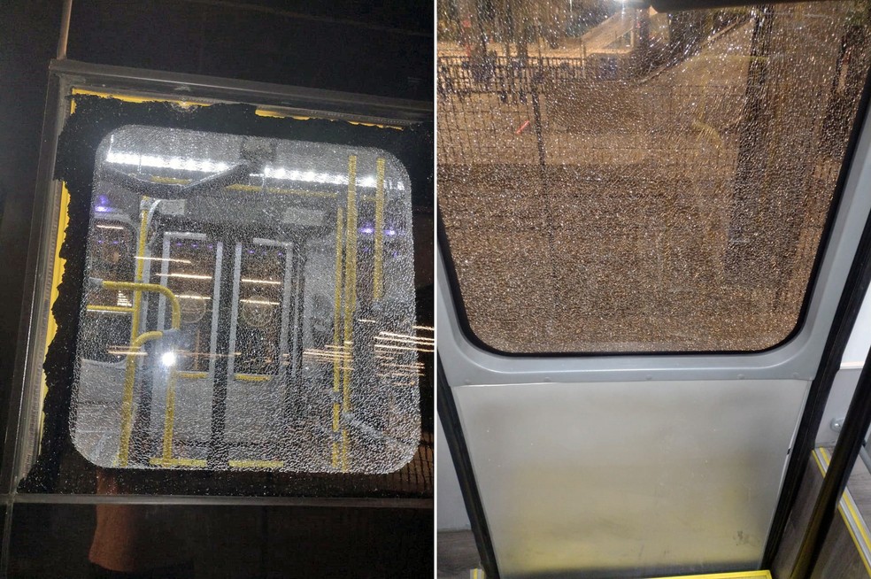 Tiro estilhaçou porta do BRT na Avenida Brasil — Foto: Reprodução/TV Globo