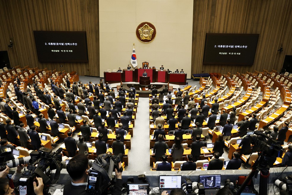 Assembleia Nacional da Coreia do Sul vota o pedido de impeachment contra o presidente — Foto: JEON HEON-KYUN/Pool via REUTERS