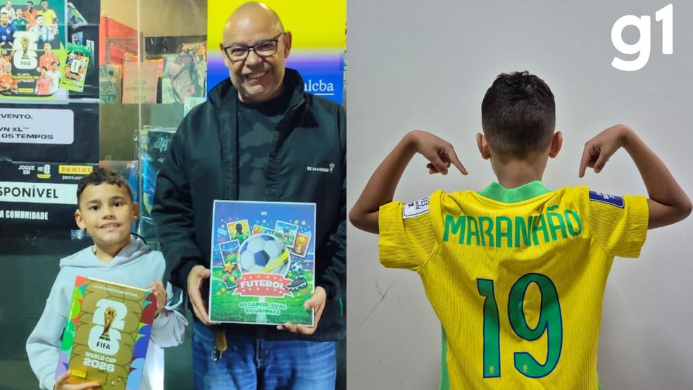 Arthur de 9 anos e seu pai completam álbum da copa com gasto de R$ 1,3 mil em MT — Foto: Abder Khan
