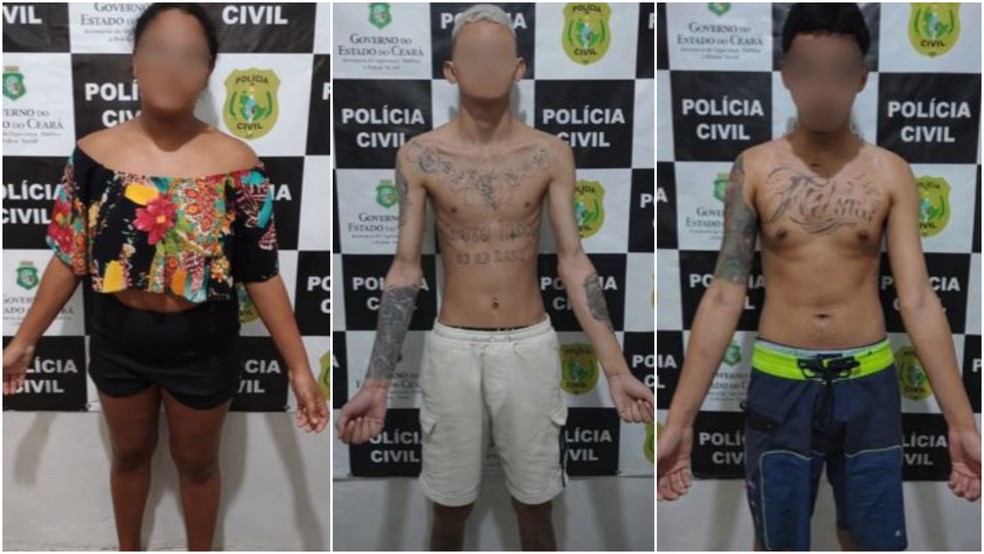 Raquel Dárphine Monteiro da Silva, de 24 anos, João Pedro Cardoso de Paula, de 23 anos e um jovem de 18 anos foram presos por extorsão mediante sequestro de entregador em Caucaia. — Foto: Reprodução