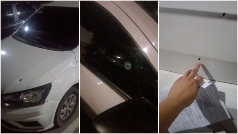 tiros atingiram uma das rodas, além dos vidros lateral, traseiro e o parabrisas do carro durante tentativa de assalto em Fortaleza. — Foto: Reprodução