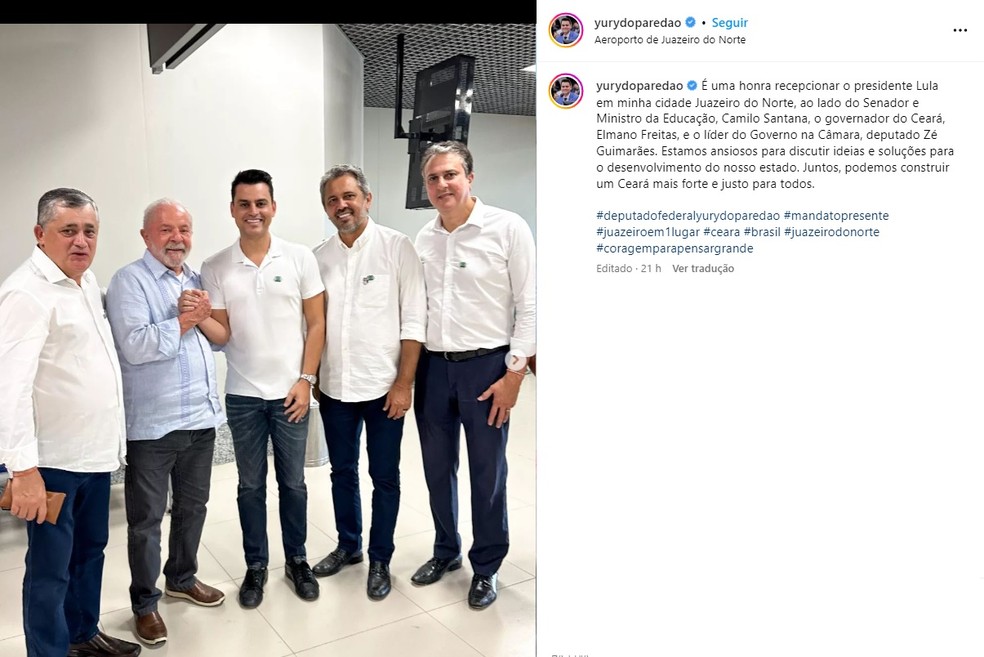 Deputado Federal Yury do Paredão (PL-CE) publicou foto ao lado do presidente Lula (PT) nas redes sociais, com mensagem de apoio. — Foto: Reprodução/Instagram Yury do Paredão