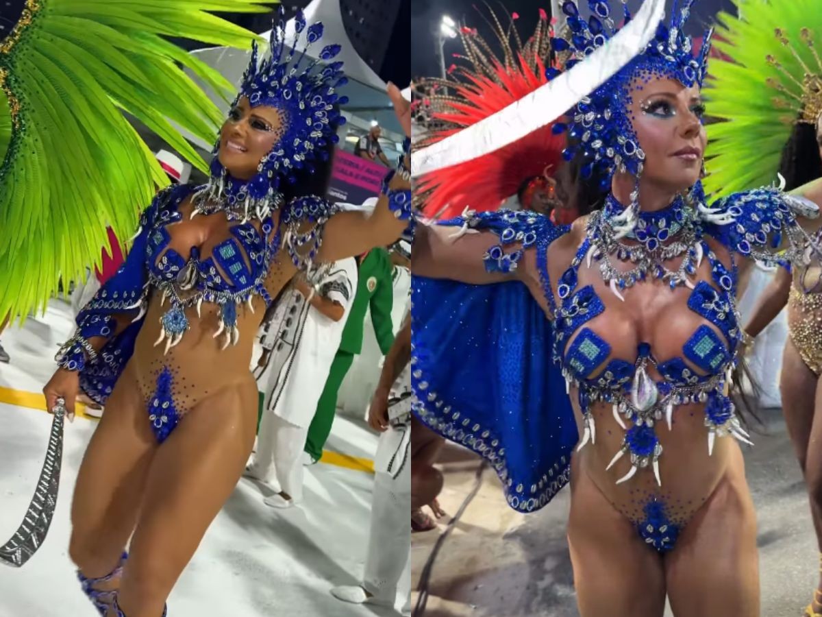 Com fantasia azul, cavada e com 'capa' no ombro, Viviane Araújo inicia maratona de carnaval em Santos 