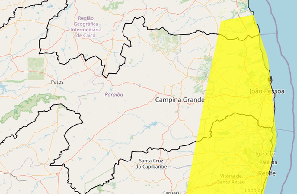 Alerta de chuvas é para João Pessoa e outros 56 municípios paraibanos — Foto: Inmet