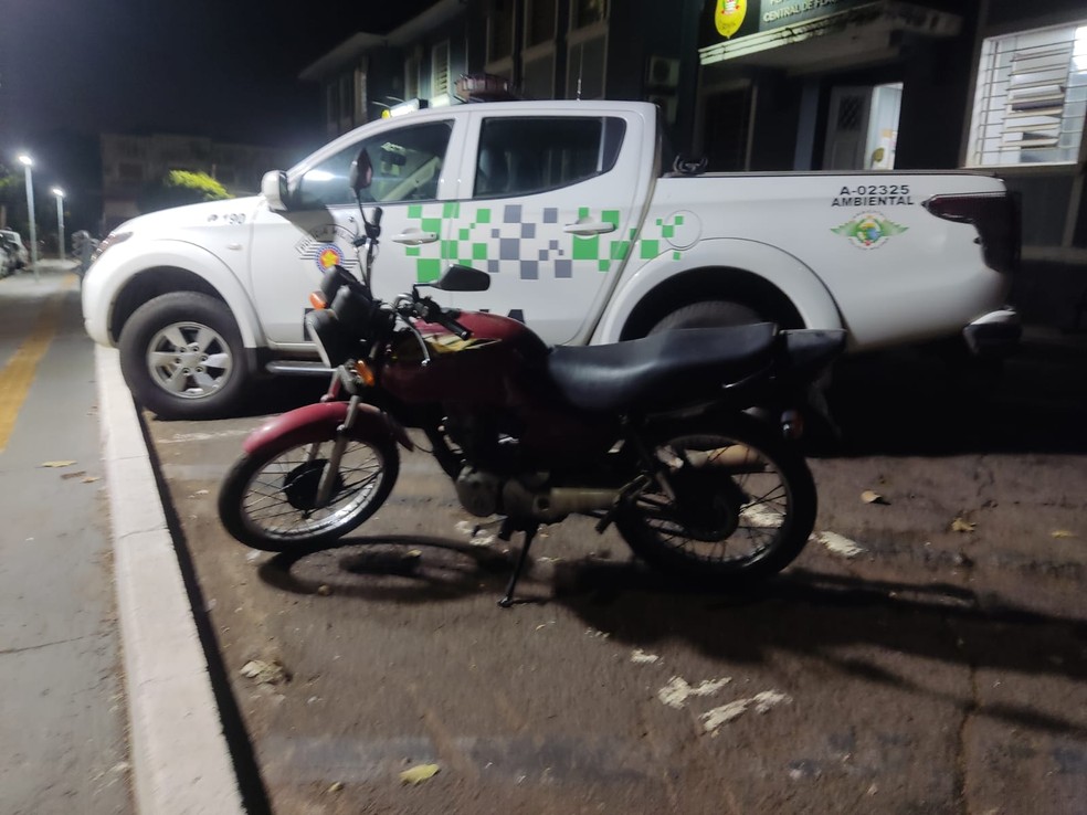 Motocicleta com placa adulterada também foi apreendida pela Polícia Ambiental — Foto: Polícia Ambiental