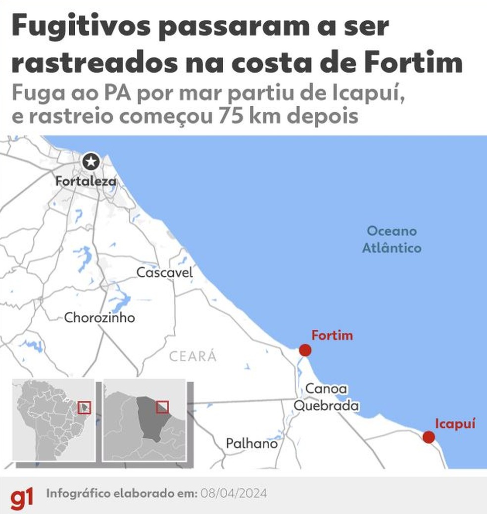 Fugitivos passaram a ser rastreados na costa de Fortim. — Foto: Arte/g1