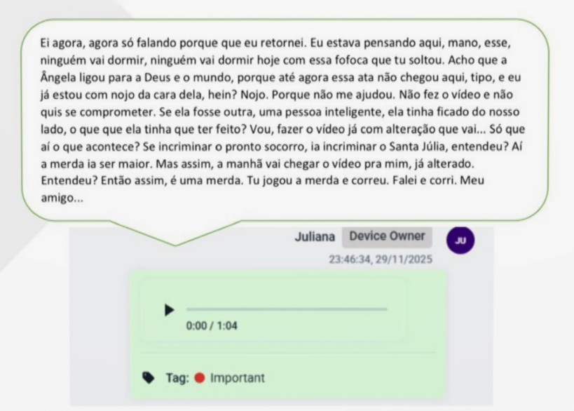 Áudio em que médica Juliana Brasil fala sobre adulteração em vídeo para se inocentar após erro médico. — Foto: Rede Amazônica