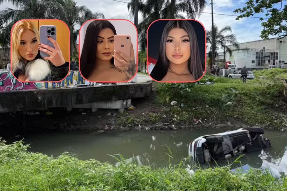 Geovana (à esq.), Bianka (no centro) e Vitória (à dir.) morreram após carro de luxo colidir com árvore e cair em canal em São Vicente, SP — Foto: Leandro Guedes/TV Tribuna e Redes sociais