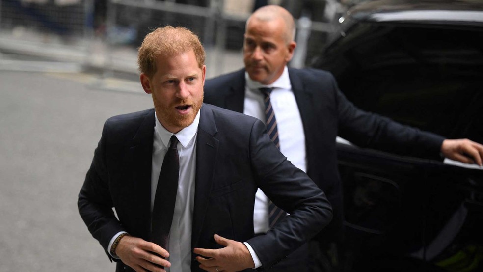 O príncipe Harry, Duque de Sussex, chega para depor em Londres — Foto: Kate Green / Getty Images / via AFP
