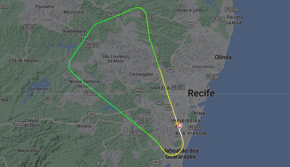 Voo teve que retornar para Recife após problemas técnicos — Foto: Flightradar24