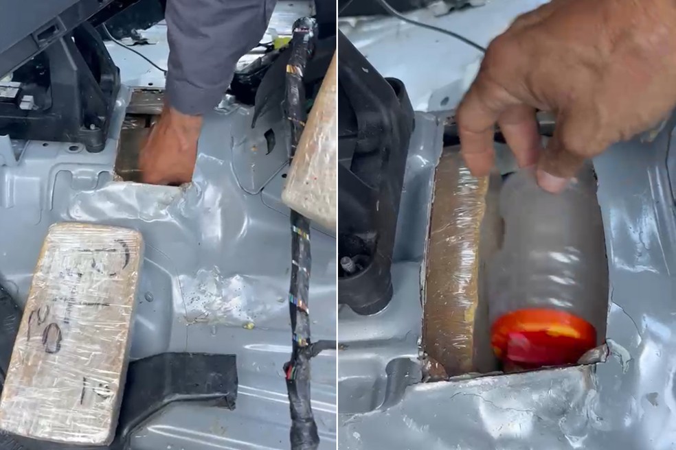 Droga estava escondida em fundo falso de assoalho de carro — Foto: Reprodução/Polícia Rodoviária