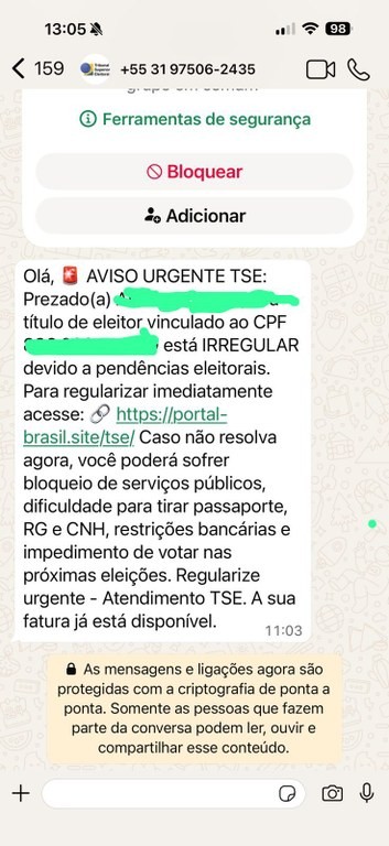 Golpistas enviam mensagens com cobranças indevidas para regularização de situação eleitoral