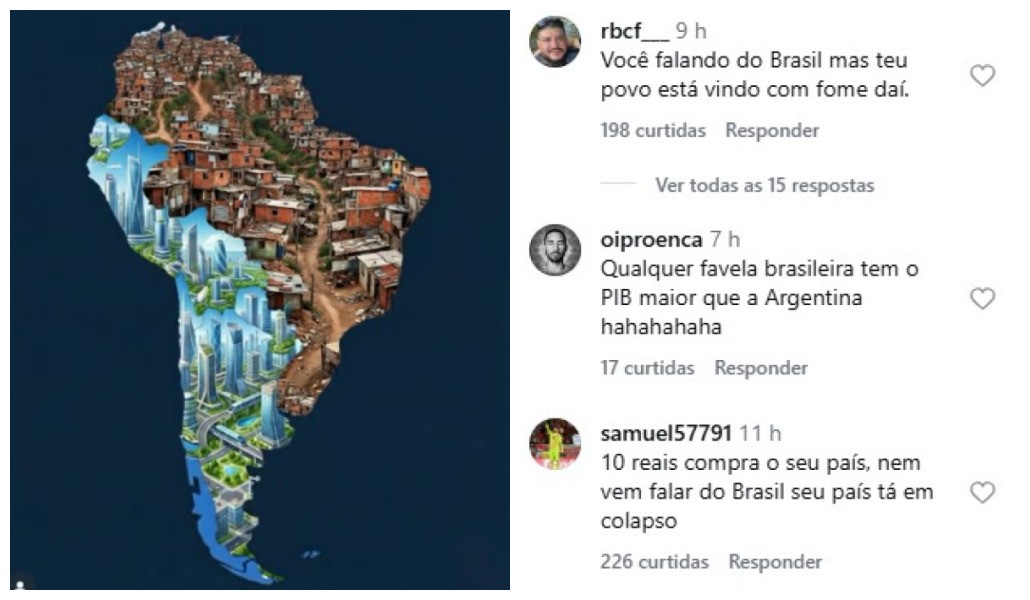 Brasileiros 'invadem' perfil de Milei após post que mostra Brasil como grande favela e Argentina futurista