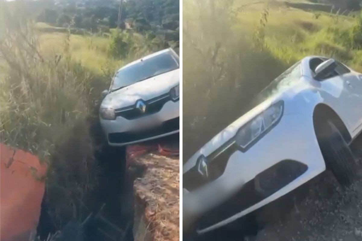 Motorista perde controle da direção e carro fica preso em vala em Jacareí