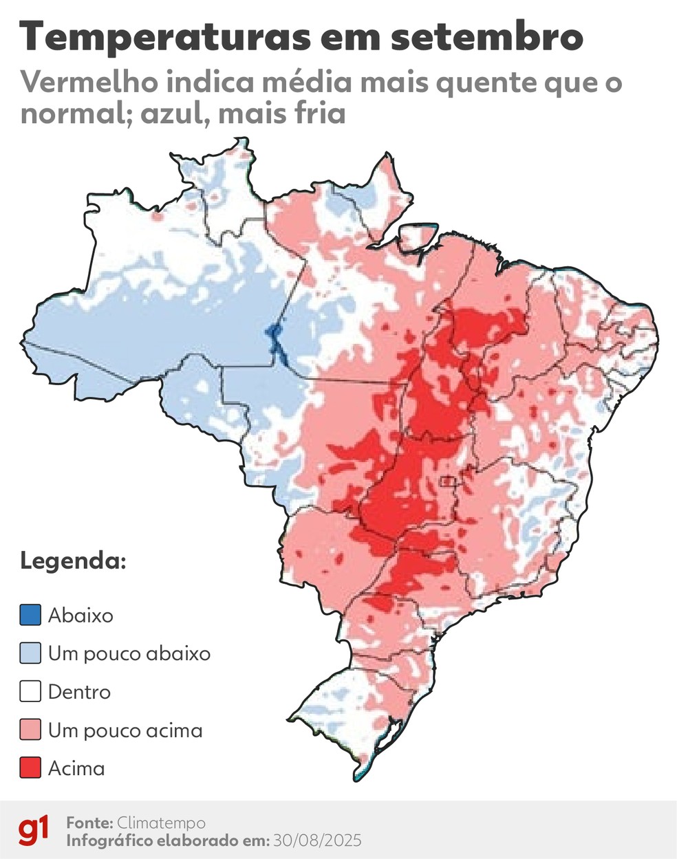 Previsão de temperaturas em setembro. — Foto: Arte/g1 - Kayan Albertin
