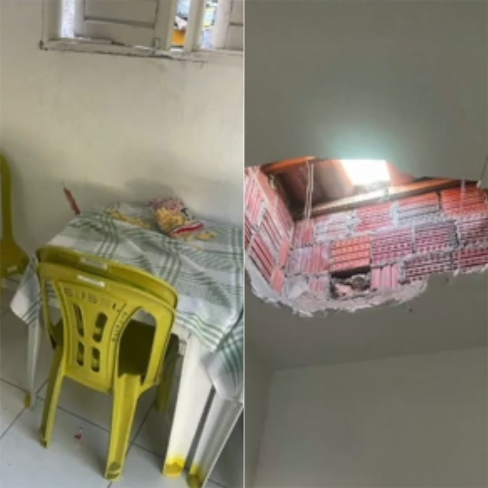 Suspeito dormiu em cima de duas mesas de plástico. Ele arrombou o local pelo teto — Foto: Cedidas