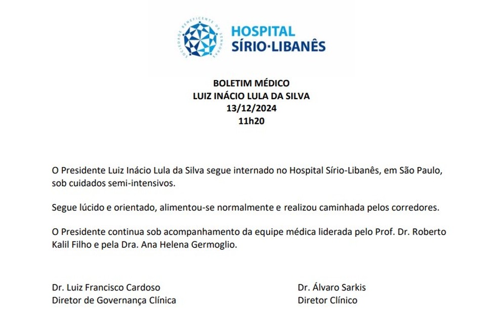 Boletim de Lula da manhã de 13 de dezembro — Foto: Reprodução