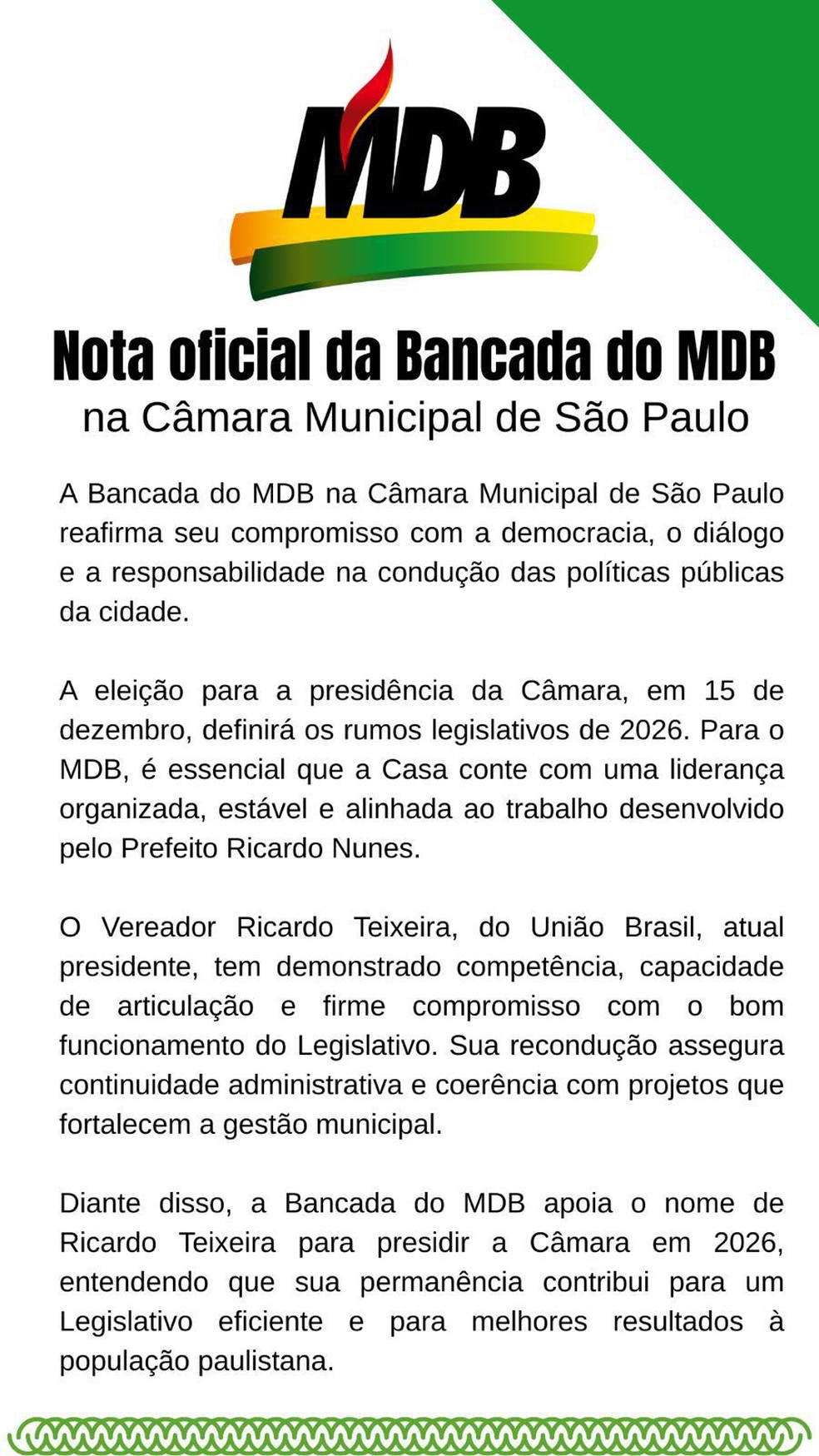 Comunicado do MDB sobre a reeleio de Ricardo Teixeira (Unio Brasil) na presidncia da Cmara Municipal de SP. - Foto: Reproduo