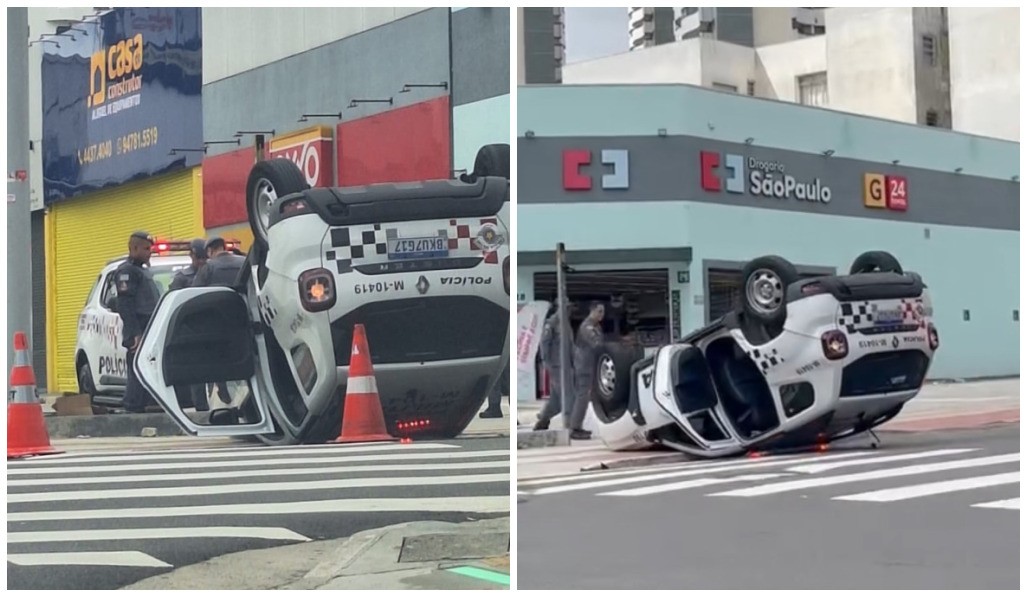 Viatura da PM capota durante perseguição no Centro de Santo André, no ABC Paulista 