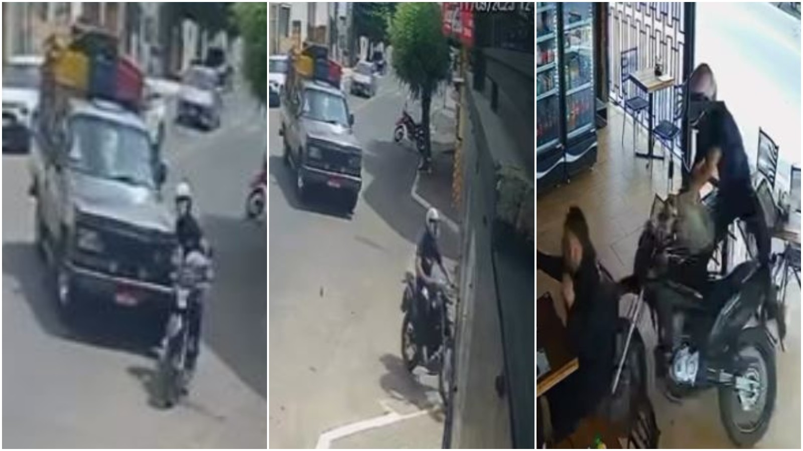 Motociclista perde o controle da moto ao ser atingido por caminhonete e invade padaria no Ceará; veja vídeo
